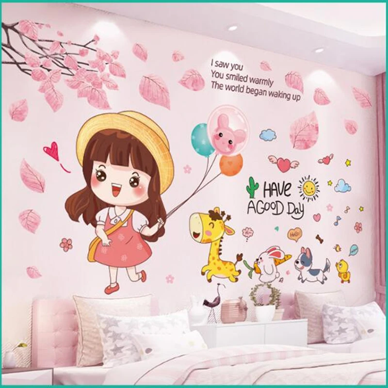 

Cartoon Girl Animals Balloons Wall Sticker DIY Tree Leaves Mural Decals for Kids Rooms Baby Bedroom Nursery Home Decoration