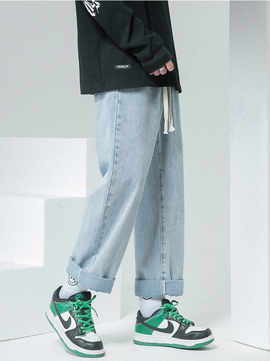European and American Men's Elastic Waist Jeans Men's Wide Leg Loose Straight Wash Drawstring Trousers Streetwear Ins Hot Sale