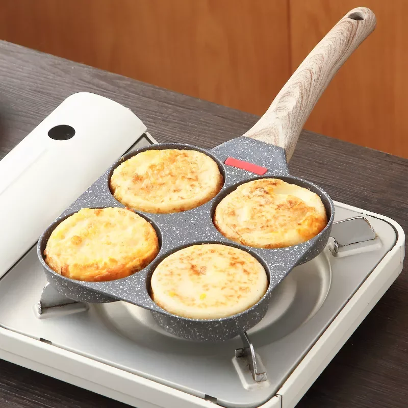 

2023 4 Holes Egg Frying Pan Multifunction Hamburger Steak Non Stick Pan High Quality Wooden Handle Cooking Pan Cooking Utensils