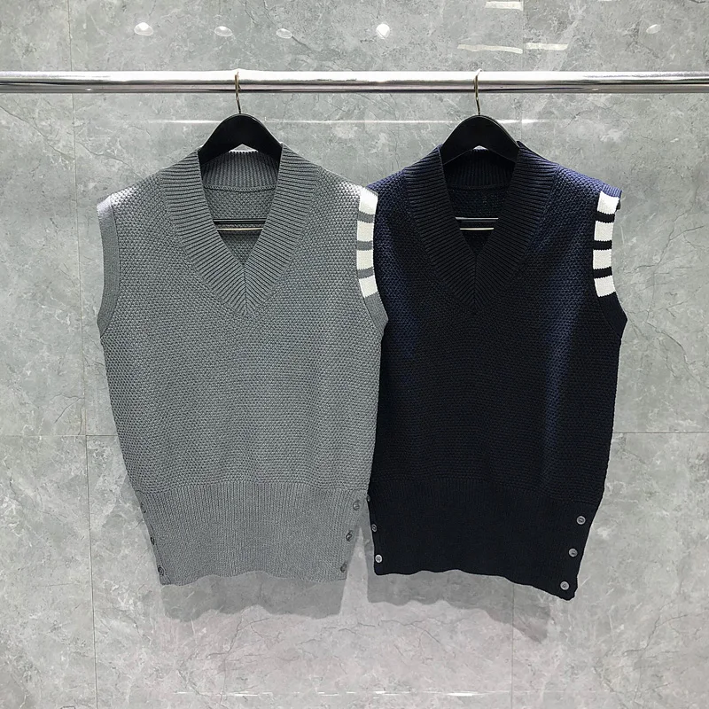 TB THOM Men's Sweater 2023 Korean Fashion White Edge Stripes Sweater Vest Casual Sleeveless Pullover V-Neck Vest for Men
