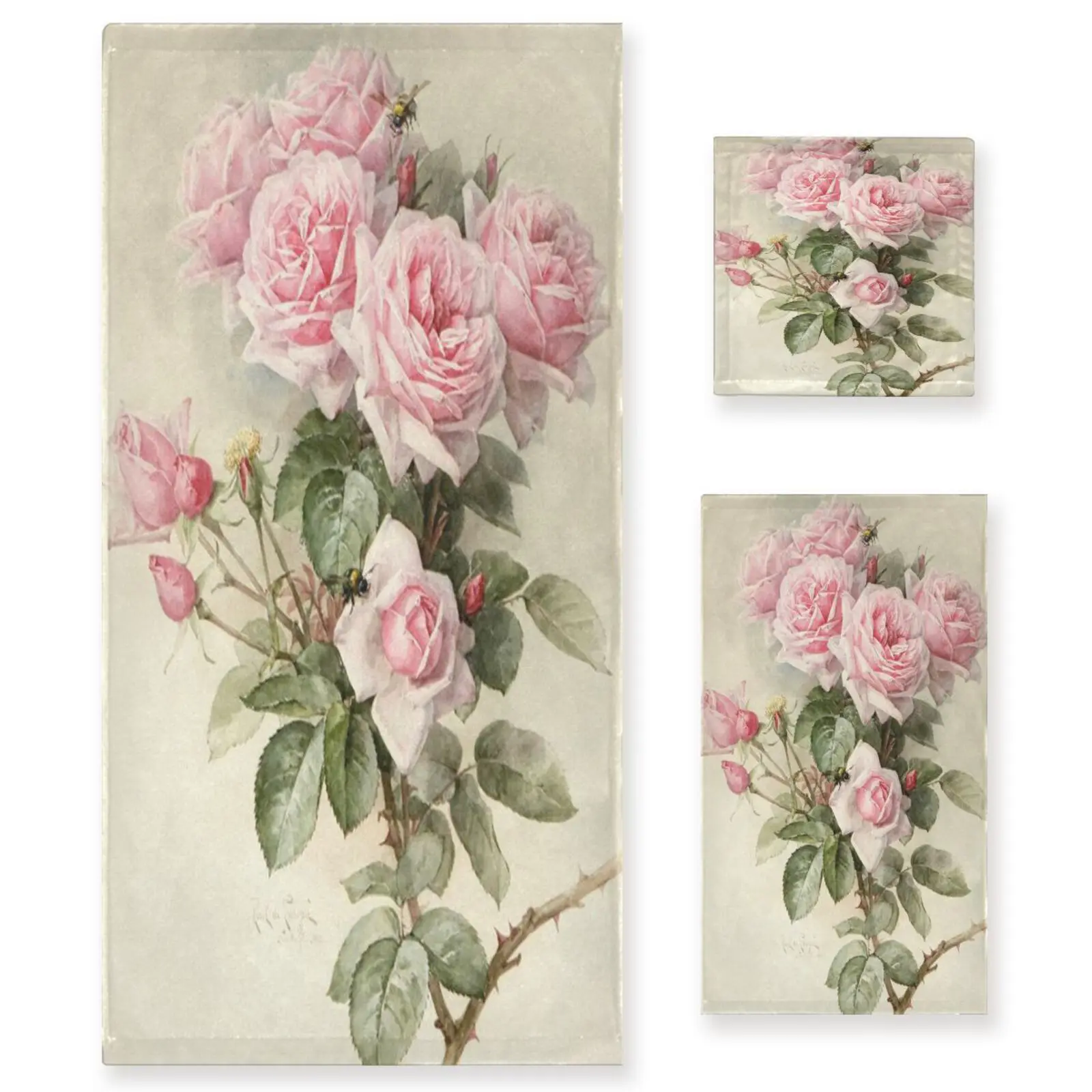 3 Pieces Set Vintage Shabby Floral Print 1 Bath Towel 1 Hand Towel 1 Washcloth Multipurpose For Swim Gym Yoga Spa