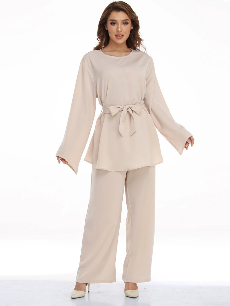 

New Four Seasons Lace Up Round Neck Long Sleeve Top Wide Leg Set Oversize Woman Clothes Outfits Two Piece Sets Womens Outifits