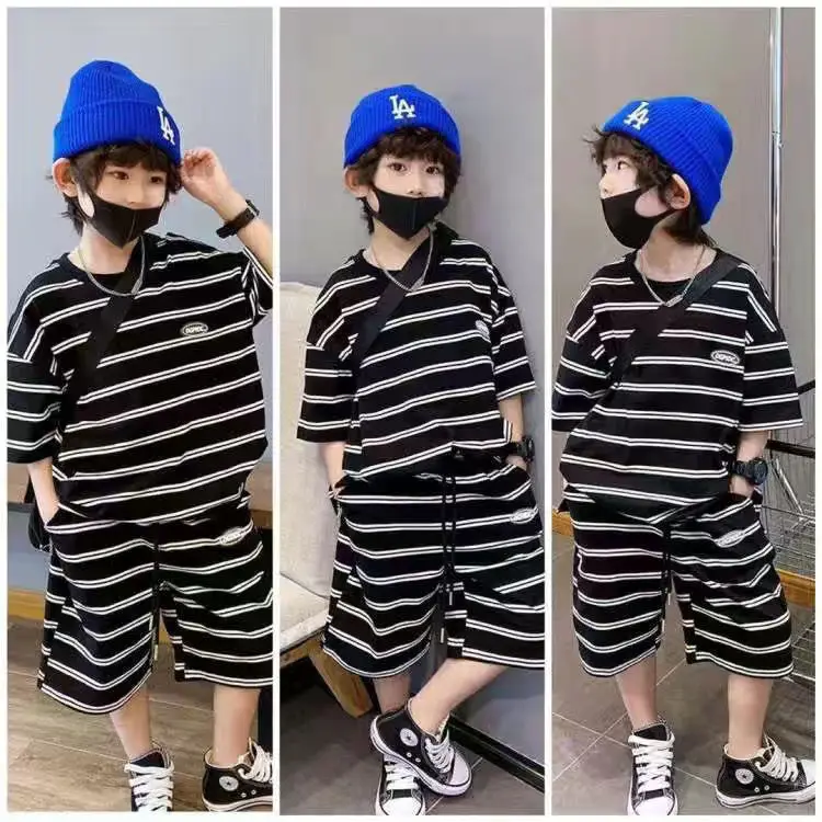 Children's 2022 Summer Fashion Striped Short-Sleeved T-shirt and Shorts Suit Boys' New Suit