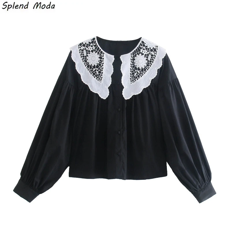 

Женская винтажная однобортная рубашка Splend, элегантная повседневная блузка с вышивкой и воротником «Питер Пэн», весна 2022