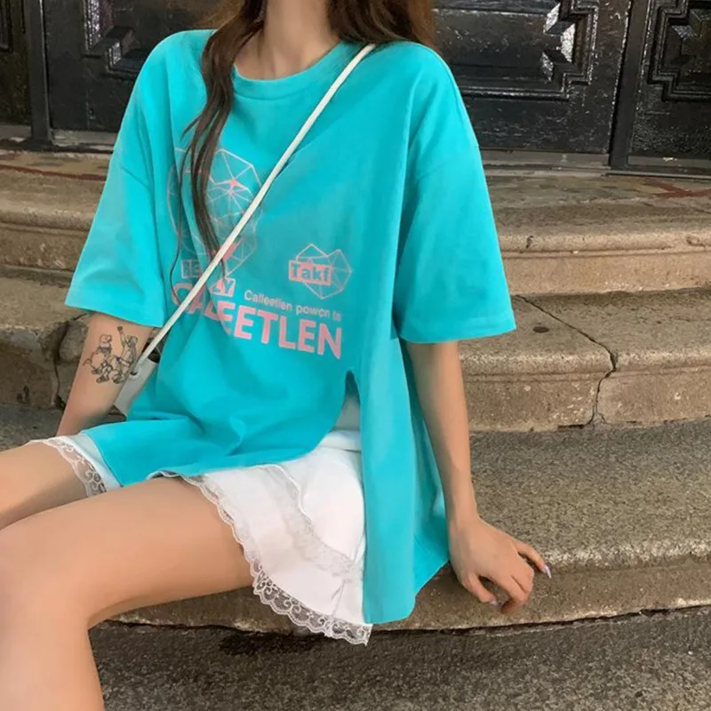 

Футболка женская оверсайз, свободная универсальная Модная рубашка с коротким рукавом, с надписью, с принтом озера, синяя