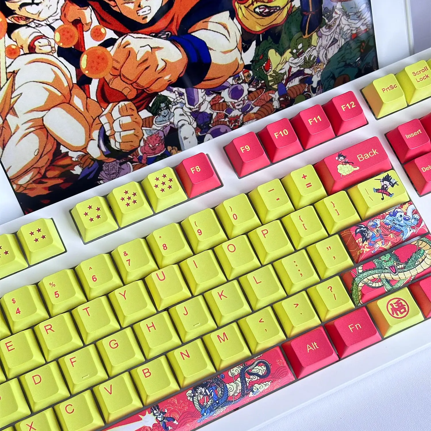 Фото В наличии 108-клавишная анимационная Dragon Ball Goku PBT Keycap, подходит для механической клавиатуры с перекрестной осью, мультяшный праздничный подарок №5