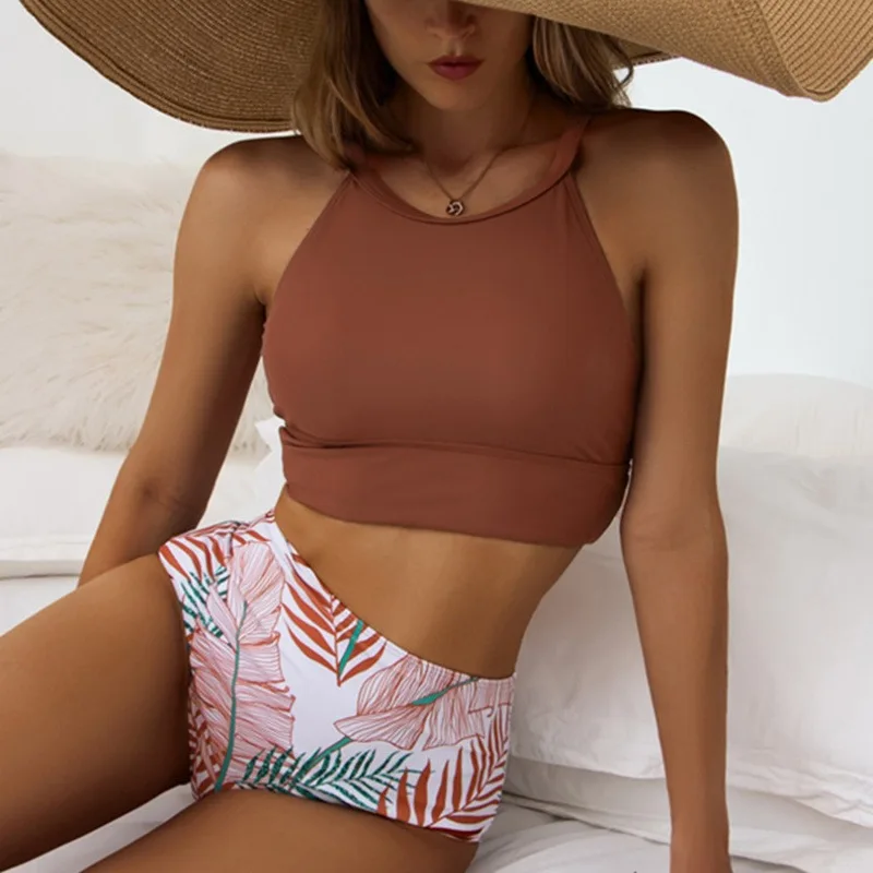 

Bruin Blad Hoge Taille Bikini Ondergoed Set Vrouwen Halter Badpak Twee Stukken Badmode 2022 Sexy Braziliaanse Badpak Beachwear