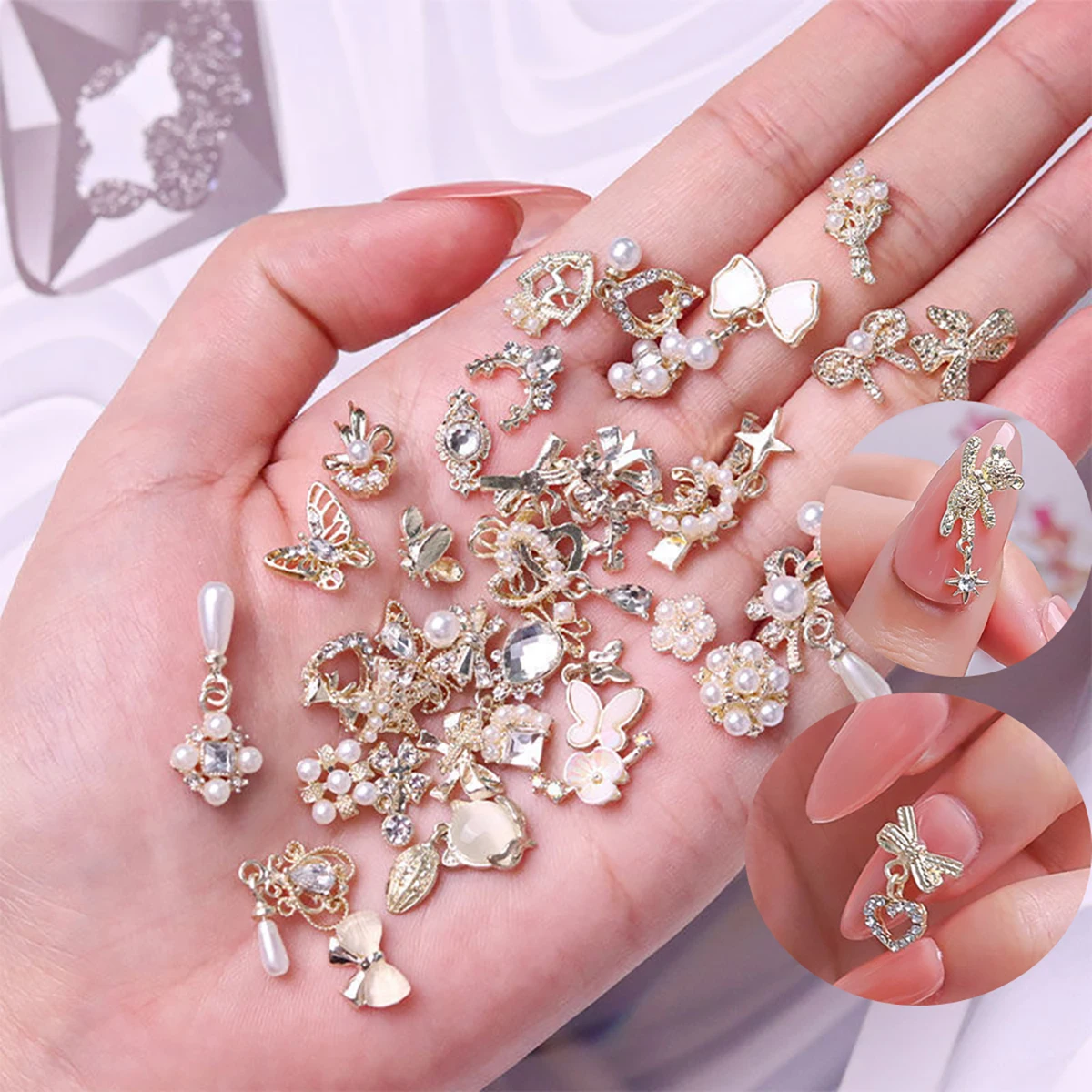 

100pcs Luxury Butterfly Nail Charms Bulk Random Alloy Japanese Mixed Bow Tie Moon Heart Nail Diamonds Jewelry Art Deco