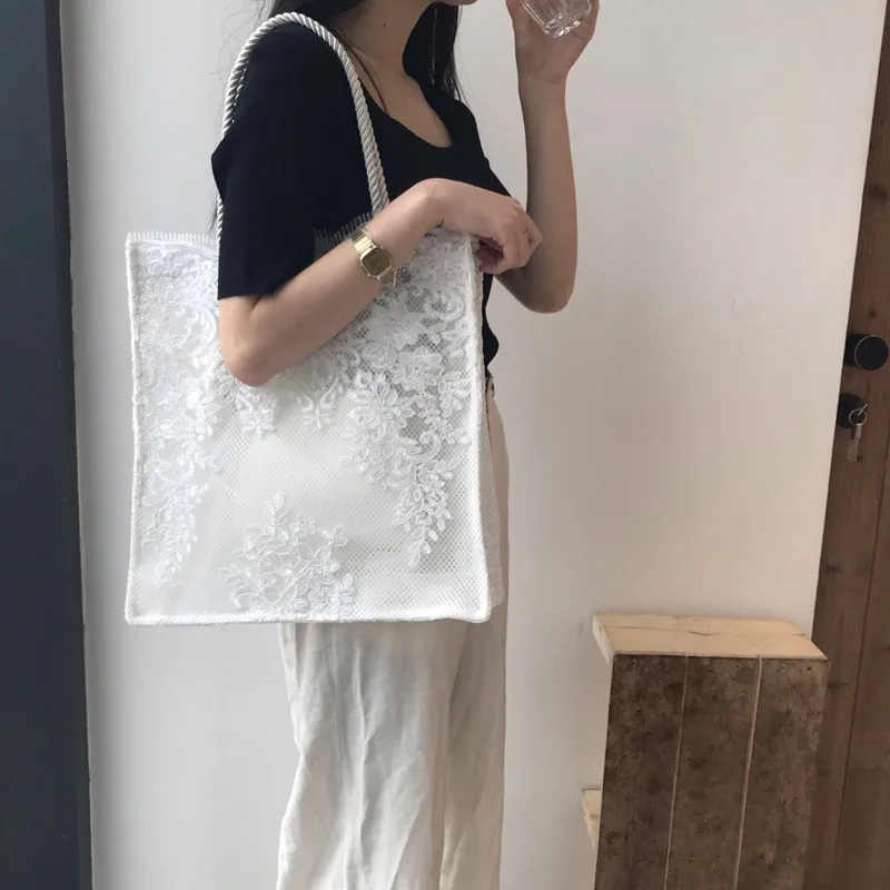 

Lace Tote Bag korea 2022 New items High capacity Solid Colorcasual Shoulder Bags for Teenage Girls wild Vintage designer Handba