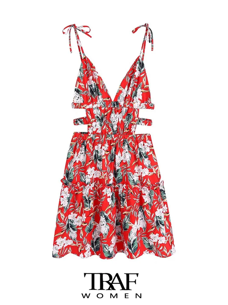 

Платье-мини с открытой спиной и цветочным принтом, на тонких бретельках