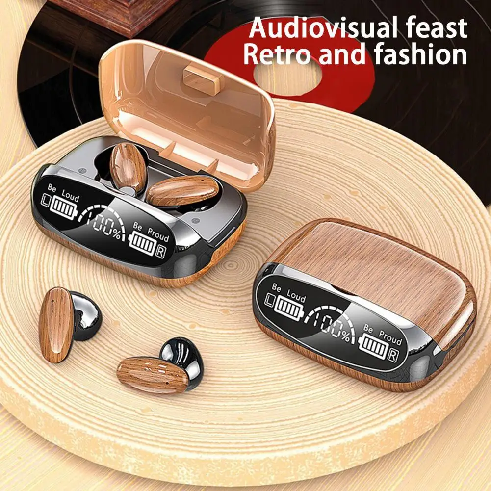 

M35 HIFI Wireless Earphones Wood Grain Mirror Digital Display Touch Control Heavy Bass Bluetooth-compatible 5.2 Headphones