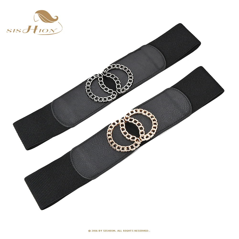 

SISHION Fashion Double Circle Retro Decoration Black Belt For Women 70cm Wide Waistband Pu Leather Metal Buckle Belts SCB0044