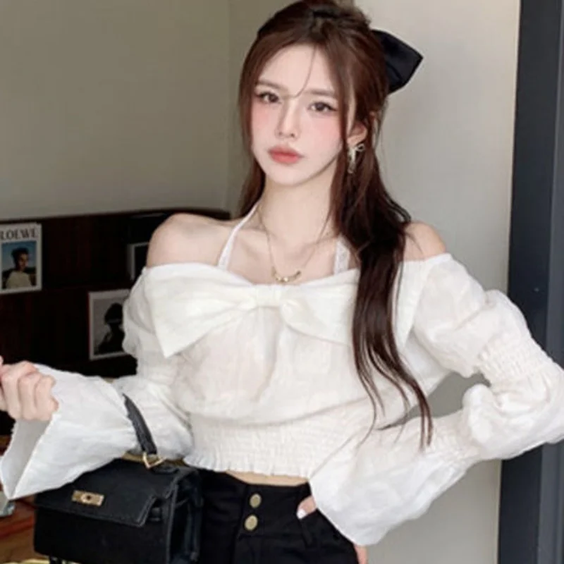 Блузки женские с рукавами-фонариками и бантом белые однотонные милые девичьи