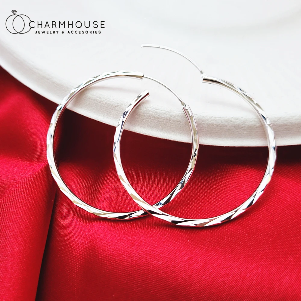 Pure Silver 925 Hoop Earrings For Women Big Circle Round Ear Cuff Brincos Femme Trendy Jewelry Accessories Party Gifts Bijoux