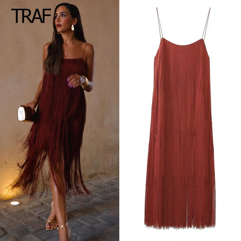 

TRAF Fashion Fringe Midi Slip Dress Women Summer New 2023 Sleeveless Backless Straps Female Bridesmaid Dress Elegant Party Gowns