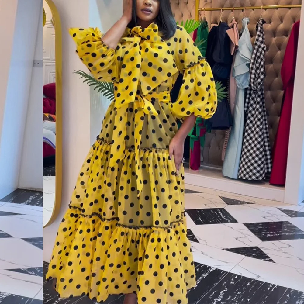 

Autumn New Dresses for Women Yellow Polka Dot Half Sleeve Bow Decoration Loose Floor Length Elegant Evening Party Birthday Dress