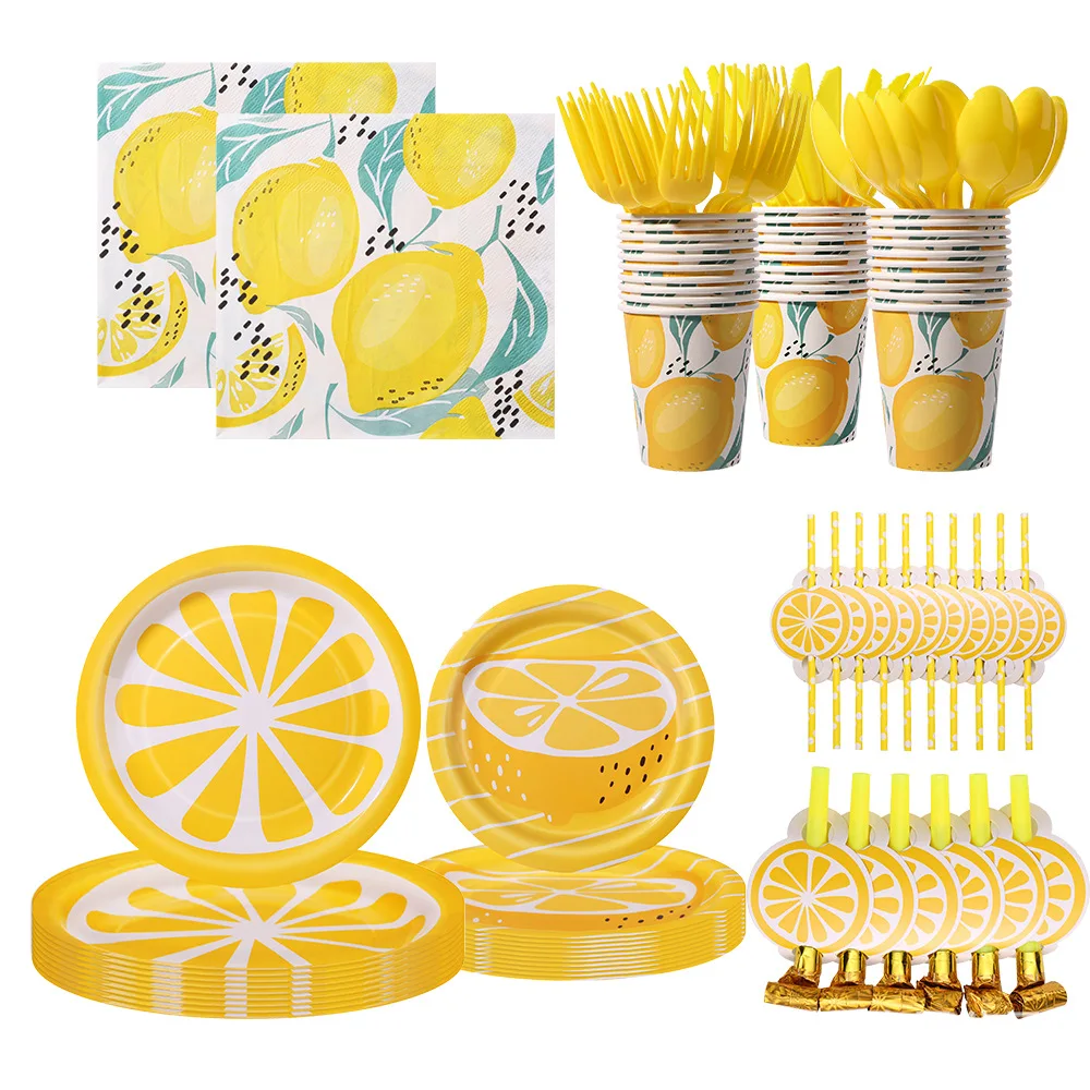 Желтый лимонный тематический декор для дня рождения одноразовая посуда бумажные