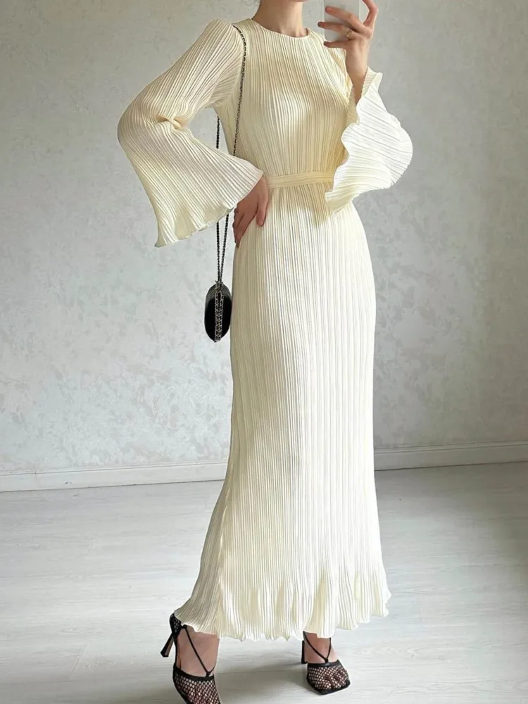 

RDMQ 2023 гофрированное кружевное Ребристое Макси-платье с длинным рукавом, модное элегантное женское платье с высокой талией, Осеннее Бандажное платье