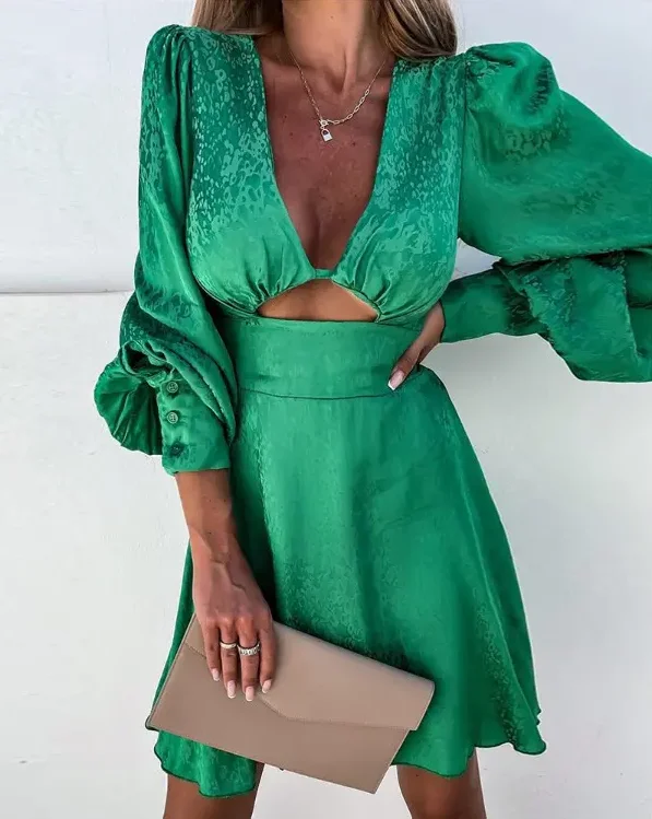 

Allover Print Satin Lantern Sleeve Cutout Casual Dress women summer spring 2022 new fashion green mini dresses