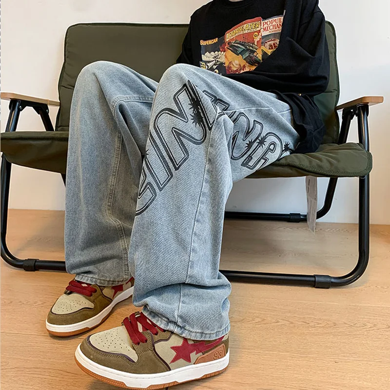 Wide Jeans for Men Street Style Fashion Printing Denim Trousers Baggy Straight Pants Vintage Y2K Bottoms Plus Size Male Clothes