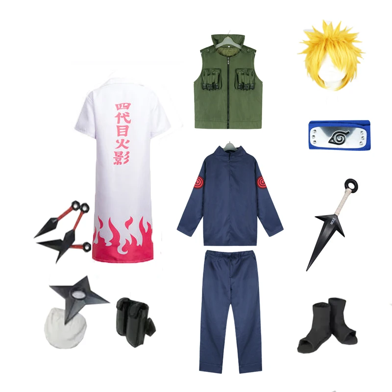 Фото Brdwn Konoha Hokage Namikaze Minato косплей костюм полный комплект (костюм + жилет + плащ + повязка на голову + обувь + кунаи + сумка + сюрикен) №1