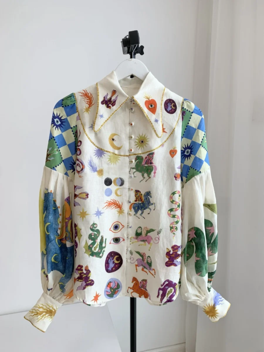 

Women Linen Vintage Print Lantern Sleeve Single Breasted Shirt or Elastic Waist Loose Shorts
