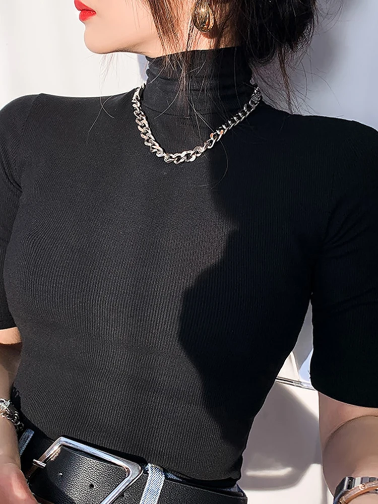 Basic Cotton T Shirt Women Turtleneck Slim Tshirt Short Sleeve T-shirts Female Casual Elasticity White Tee Femme Woman Top