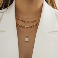 shiny crystal diamond padlock pendant necklace multilayer women gold u buckle metal hollow clavicle necklaces girls jewelry