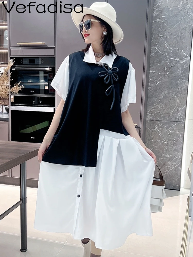 

Vefadisa 2023 Summer New Women Two Piece Dress Spliced Solid Color Irregular Fashion Personalized Black And White Dress ZY1301