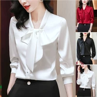 2022 spring autumn bow ribbon solid bottoming shirts long sleeve bow tie casual blouse korean style ol elegant shirts for female