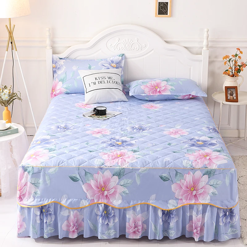 

3pcs Bed Skirt Quilted Bedsheet Bedspreads King Size Mattress Cover Purple Flowers Aesthetic Elastic Protector Children's Fitted