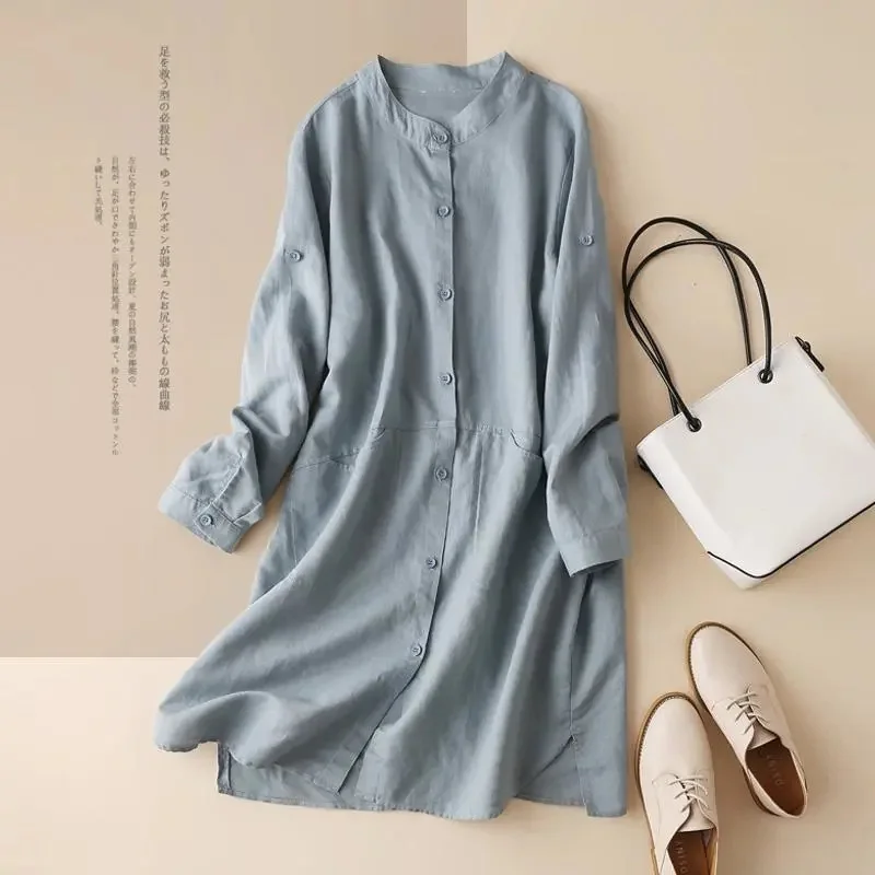 Pick-Up Women's Clothing Counter Clearance Cotton And Linen 2022 Long-Sleeved Female Coat Loose And Thin Medium-Length Shirt A04