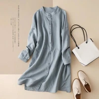 pick up womens clothing counter clearance cotton and linen 2022 long sleeved female coat loose and thin medium length shirt a04