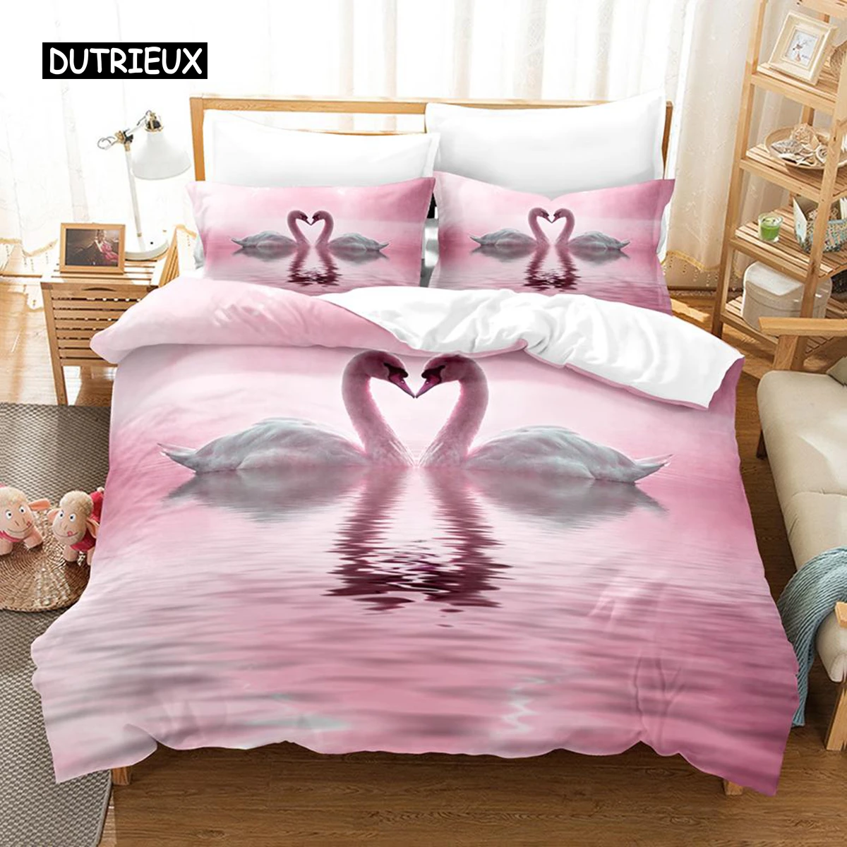 

Swan Duvet Cover Set Twin Swan Bedding Set Microfiber Queen King Size Birds Romantic Style Quilt Cover Wild Animals for Girl Boy