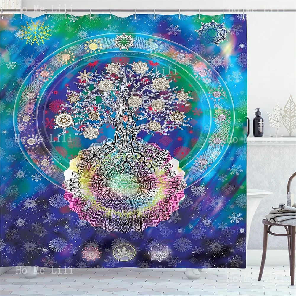Тканевая занавеска для душа с изображением мандалы дерева жизни и цветов