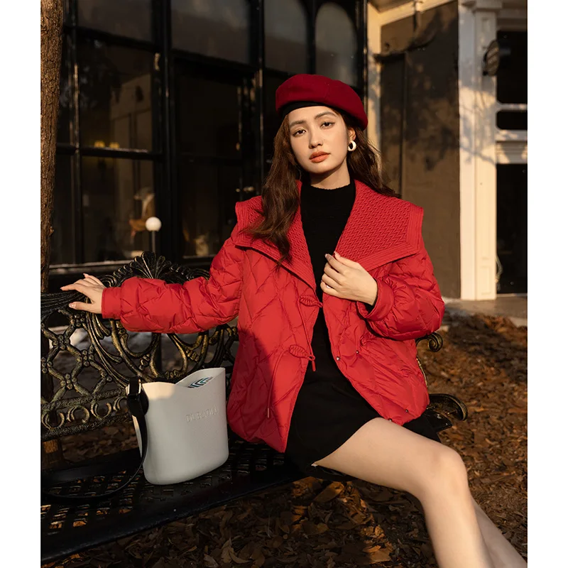 MISHOW Short Down Jacket Women 2022 Winter Fashion Sailor Collar Horn Buckle White Duck Down Coats Thicken Warm Parka MXB46Y0134