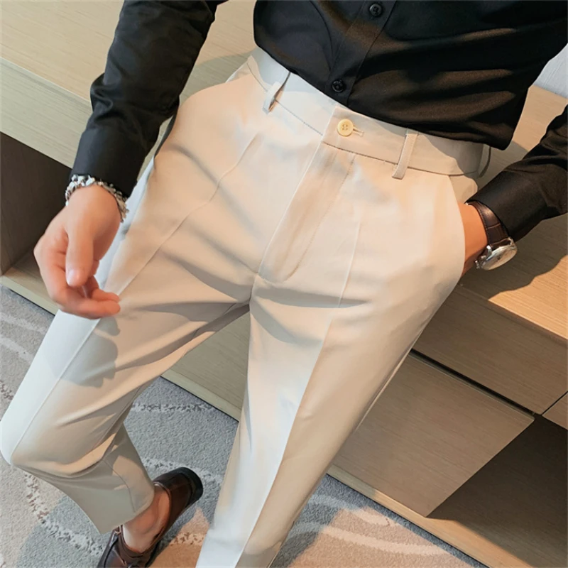

Autumn Korean Version Slim Business Nine Points Pants Solid Color Male Casual Mid-rise Straight Pants Formal Social/ Dress Pants