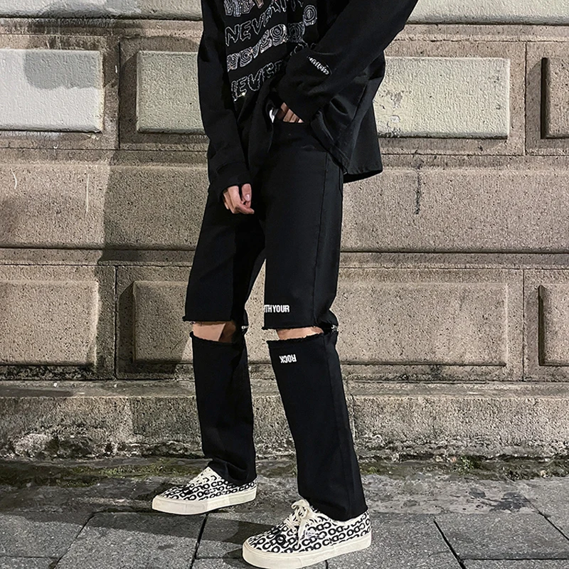 Korean Slim Fit Ripped Jeans Pants for Mens Summer Fashion Trends Gothic Streetwear Bottoms Teens Leg Patchwork Denim Trousers