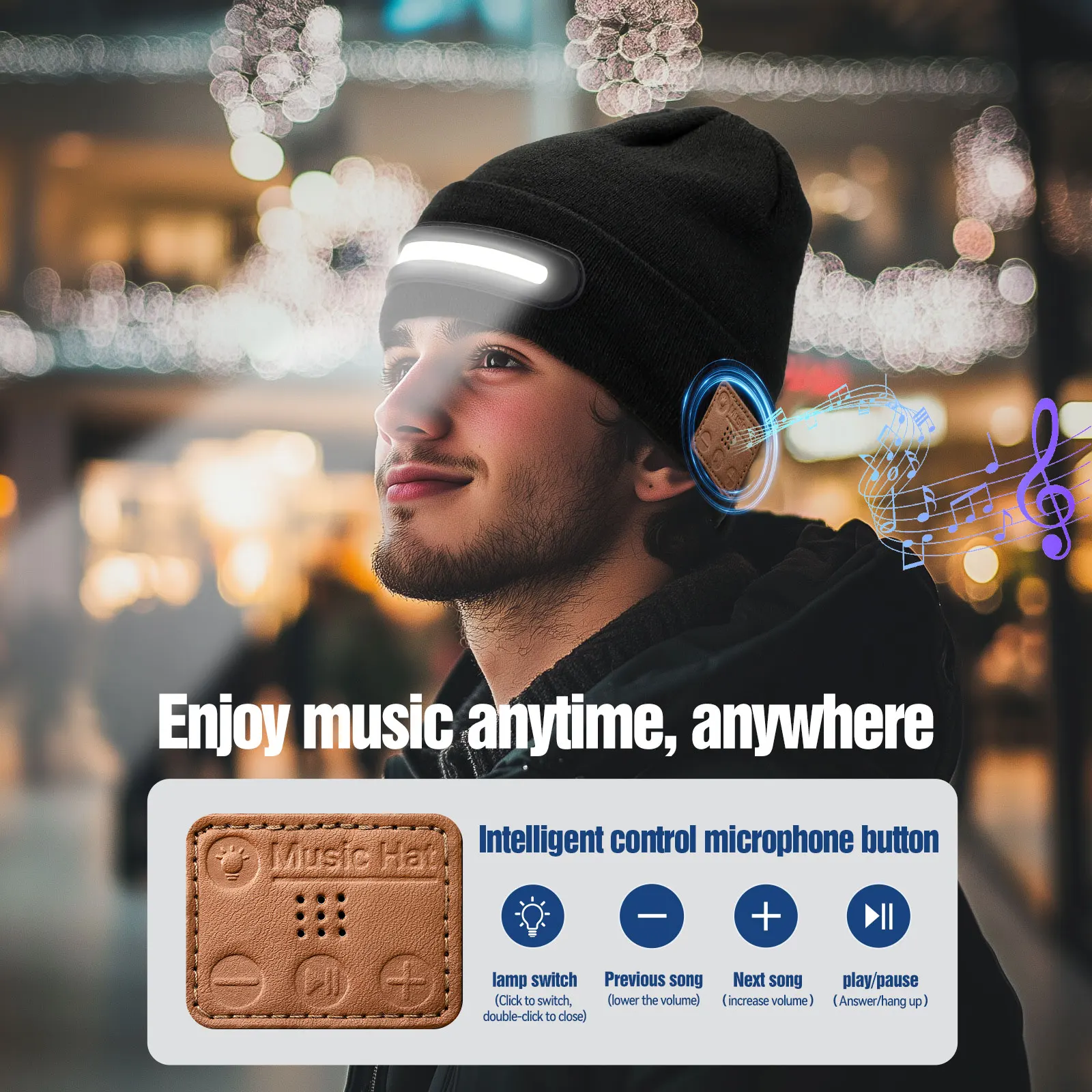 Фото Светодиодная беспроводная музыкальная шапка с подсветкой и Bluetooth-наушниками, перезаряжаемый налобный фонарь, теплая кепка для технического лагеря для ночных работников, бегунов №2
