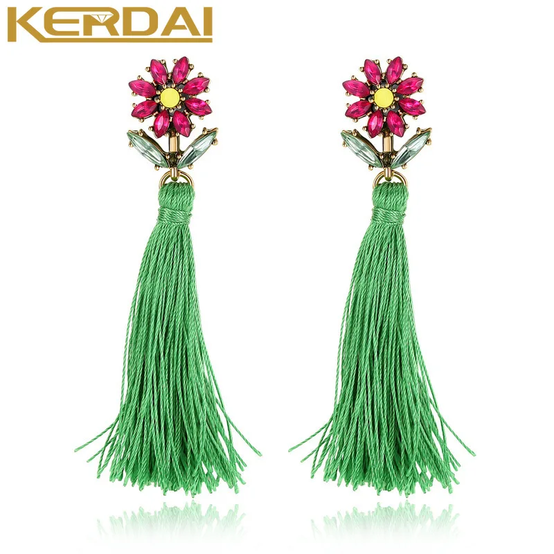 

Bohemia Cute Flower Earrings for Women Green Cotton Rope Tassel Pendant Long Drop Earrings Bohemian Jewelry Wholesale
