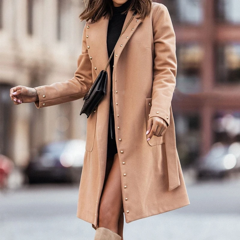 

Casual Lace-Up Solid Warm Jacket Fall Winter Double-Breasted Rivet Handsome Overcoats Women Long Sleeve Lapel Button Woolen Coat