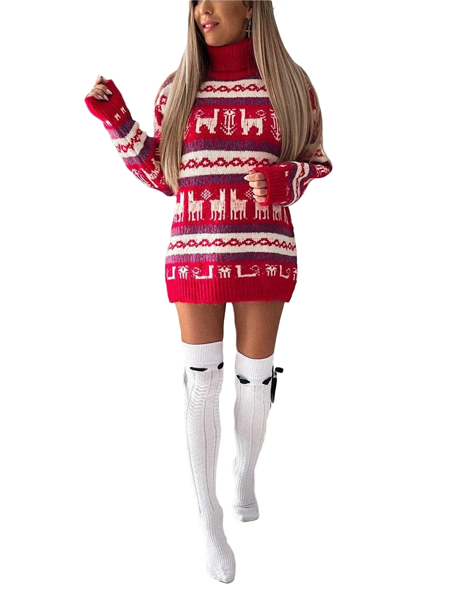 

Женский рождественский джемпер, забавное вязаное платье-свитер в английском стиле с принтом оленей, снежинок, длинным рукавом и воротником-хомутом для вечеринки