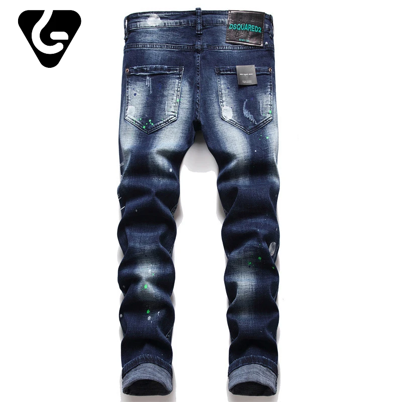2022 spring and autumn new Dsquared2 hole patch men's paint inkjet stretch D2 jeans skinny beggar men's pants 1232
