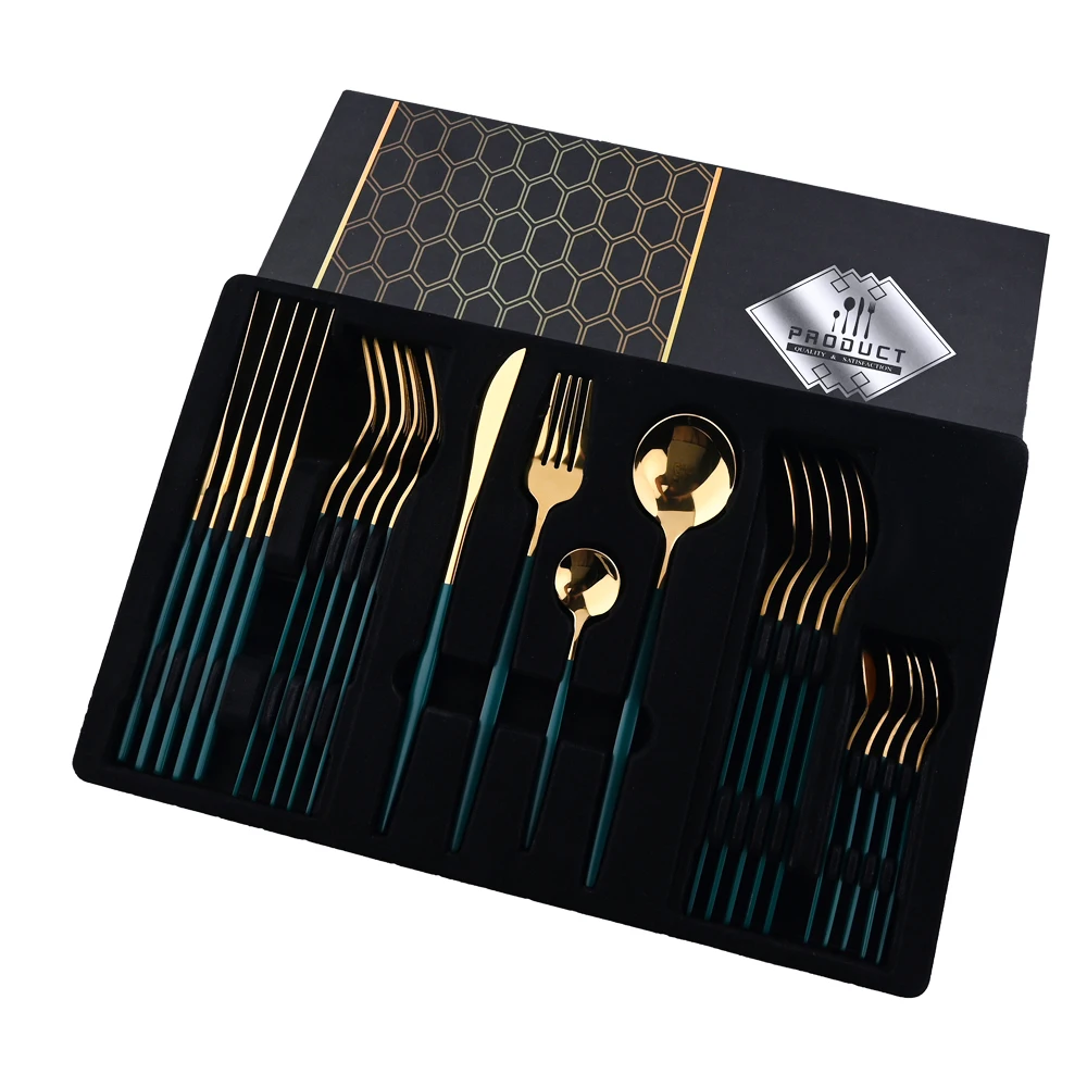 

24pcs Green Gold Cutlery Set Stainless Steel Mirror Dinnerware Set Silverware Knife Fork Spoon Tableware Dishwasher Safe