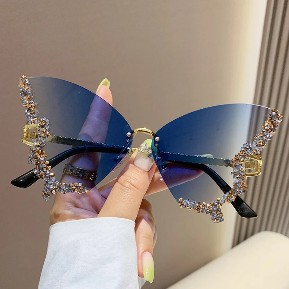 

Солнечные очки в форме бабочки женские, роскошные брендовые Винтажные Солнцезащитные очки оверсайз без оправы, со стразами