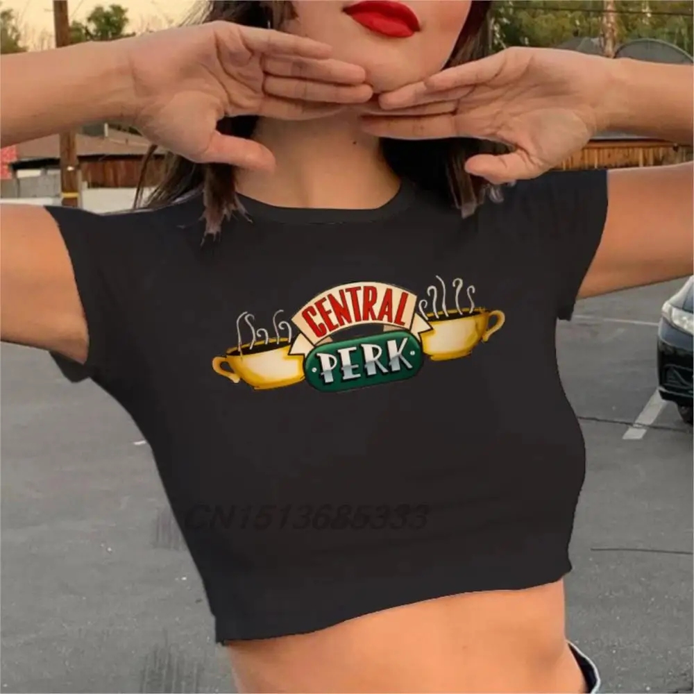 

Укороченные женские топы с принтом кофе центральный Перк, смешные короткие футболки с изображением кота, фаст-фуда, женские модные хлопковые футболки