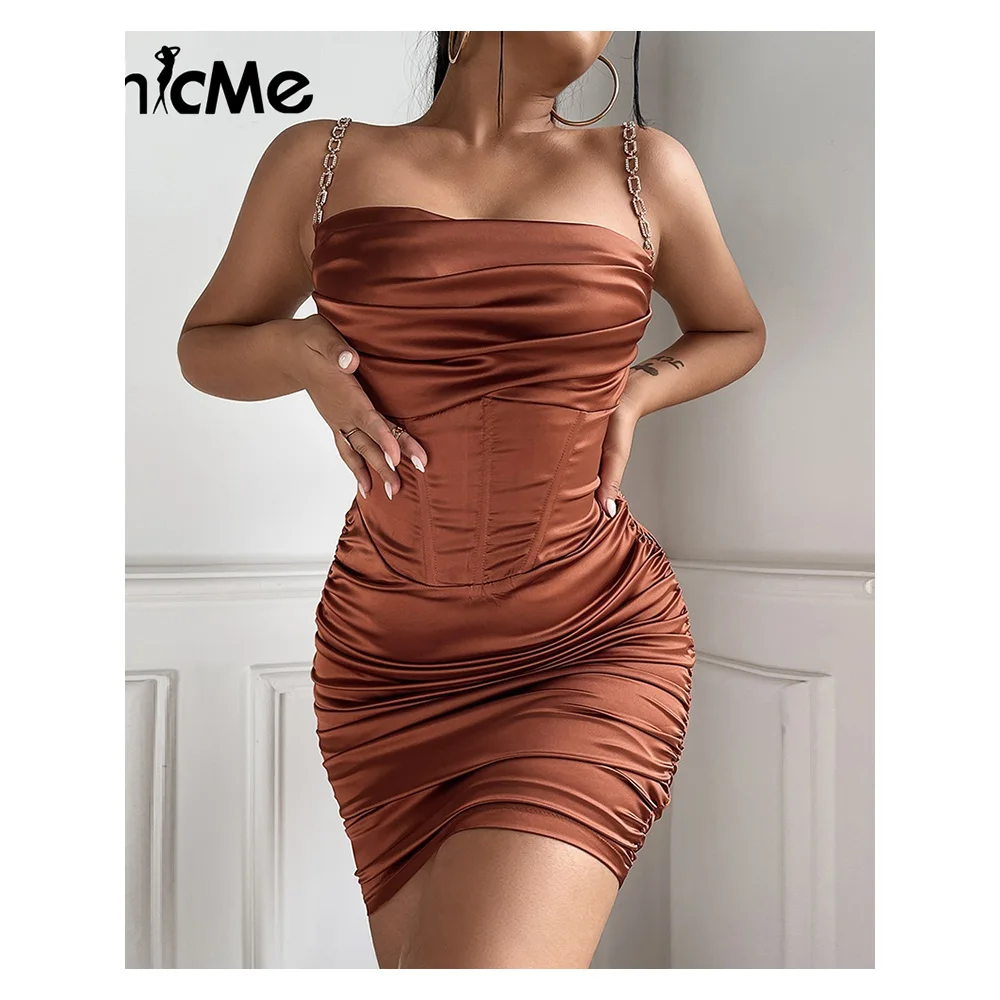 

Chicme Women Chain Strap Ruched Satin Corset Bodycon Dress Square Neck Mini Sexy Dress Elegant Birthday Dress For Women Party