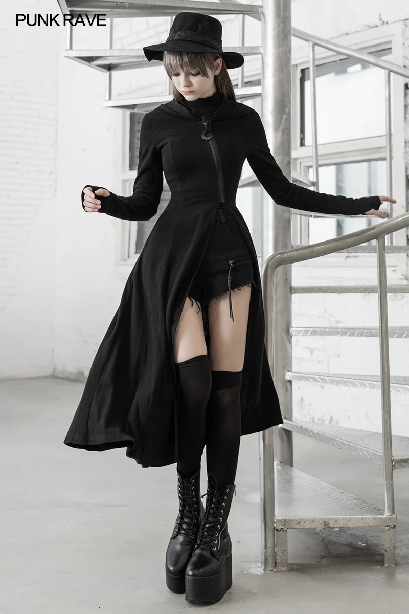 

Pointed Hood Coat Spring/Autumn Outerwear PUNK RAVE Women's Solid Black Waistband Long Jacket Oblique Zipper Gothic Wizard's