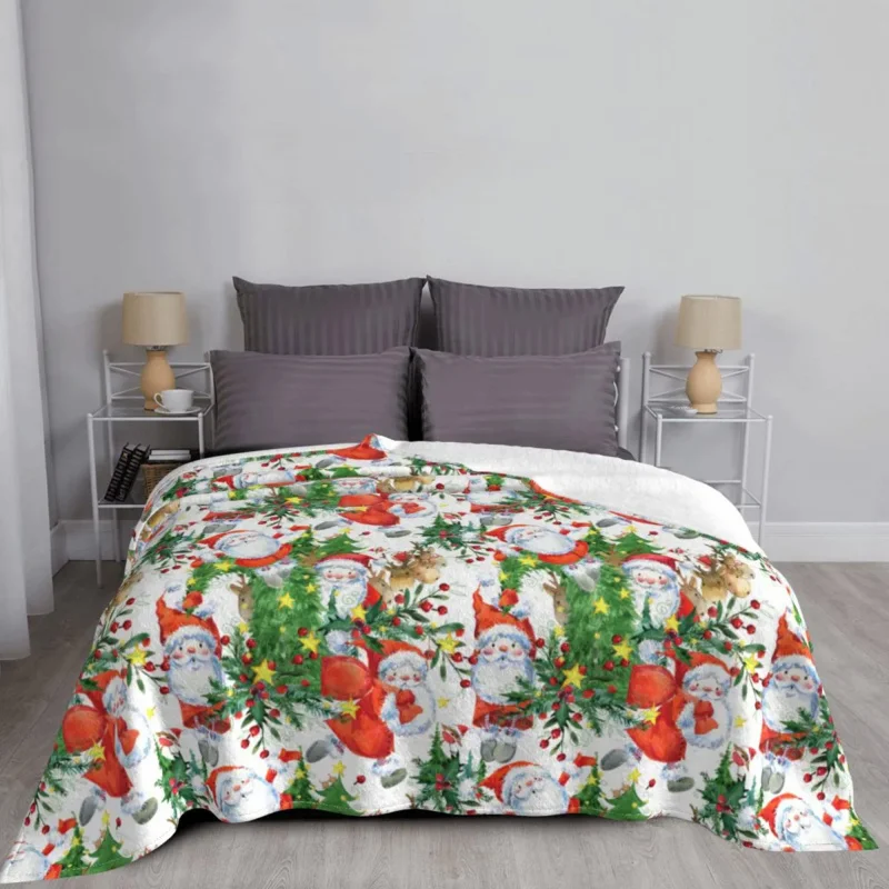 

Christmas Cute Santa Claus Blankets Fleece Print New Year Portable Lightweight Throw Blanket for Bed Outdoor Quilt