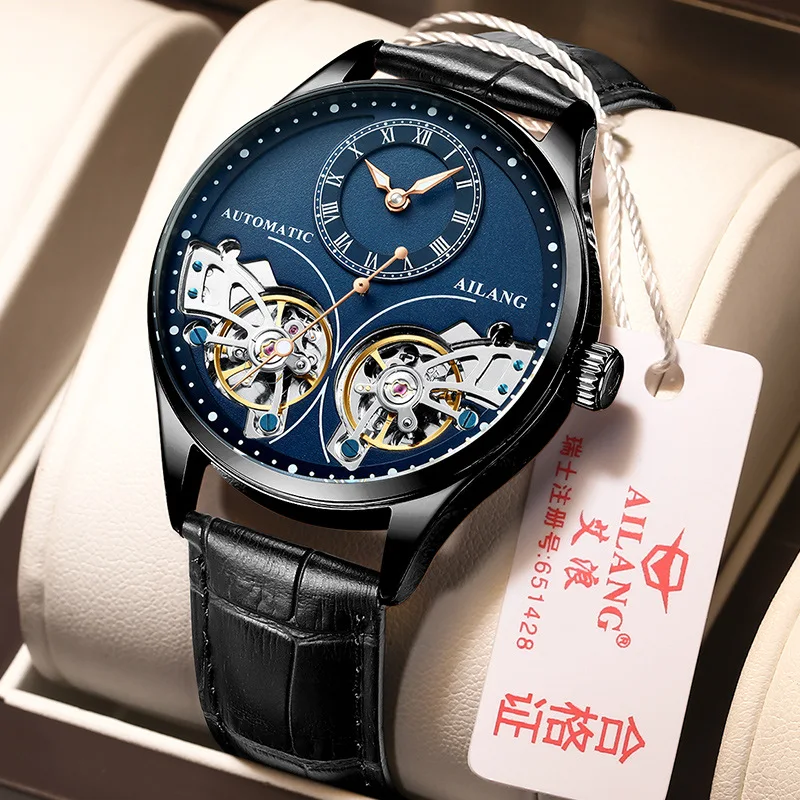 AILANG New Automatic Mechanical Men's Watch Double Tourbillon Blue Dial Leather Waterproof Watches Men's Clock Relogio Masculino enlarge